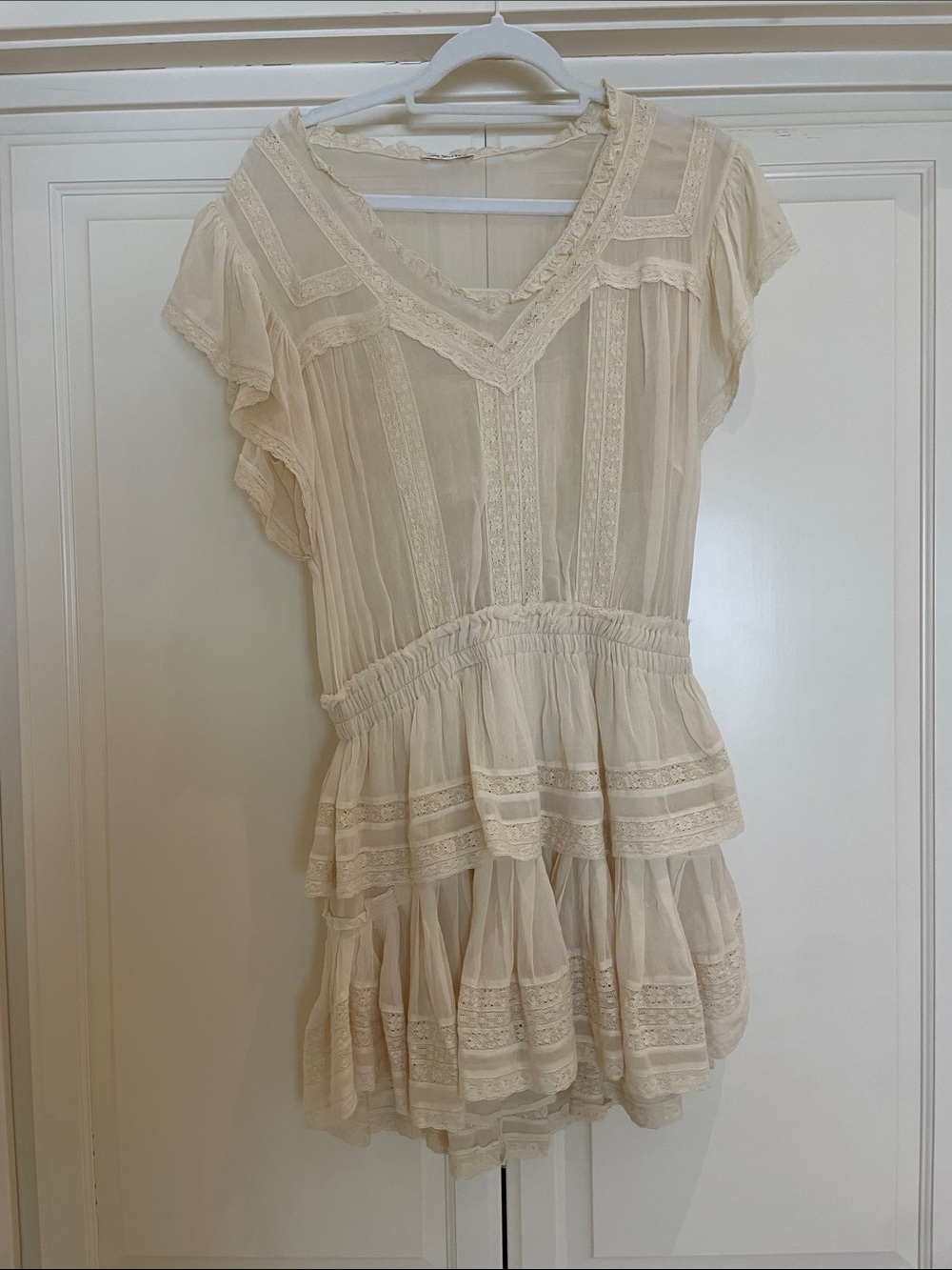 LoveShackFancy Cream Lace Tiered Mini Dress